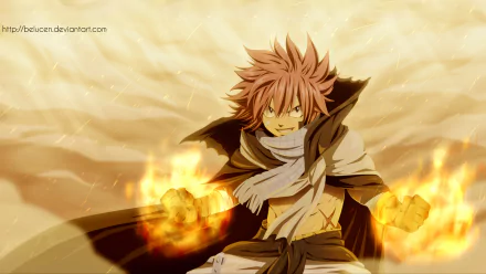 A dynamic HD wallpaper featuring Natsu Dragneel from the anime Fairy Tail, showcasing him in a fierce pose with flames emanating from his hands and a dramatic background.
