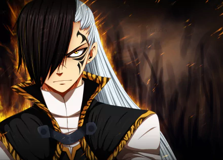 An HD wallpaper featuring Rogue Cheney from the anime Fairy Tail, showcasing his distinctive dark hairstyle, intense gaze, and striking outfit against a fiery background.