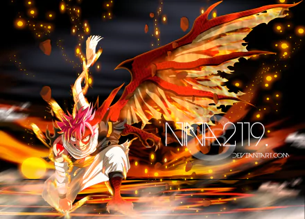 HD desktop wallpaper featuring Natsu Dragneel from the anime Fairy Tail, wearing a scarf and surrounded by vibrant flames. Background showcases dynamic fire and energy effects.