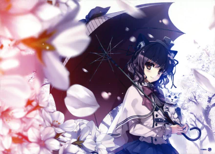 A character with purple hair and eyes holds an umbrella amidst blooming flowers, accompanied by a cat, showcasing a charming anime style with a whimsical touch.
