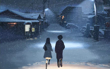 HD anime wallpaper depicting Takaki Touno and Akari Shinohara walking through a snowy town at night, inspired by 5 Centimeters per Second.