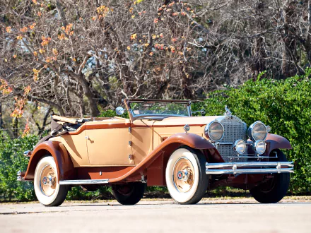 Vintage 1931 Packard Deluxe Eight Convertible Victoria in tan and brown, showcased as a high-definition PC desktop wallpaper and background.