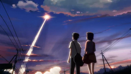 HD anime wallpaper featuring Takaki Touno and Akari Shinohara from 5 Centimeters per Second, standing together under a dramatic sunset sky with a glowing streak above.
