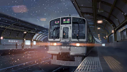 HD anime desktop wallpaper featuring a snowy train station scene from 5 Centimeters per Second, capturing a calm, atmospheric moment at dusk.