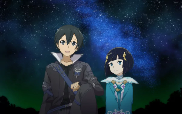 4K Ultra HD anime wallpaper featuring Kazuto Kirigaya (Kirito) and a female character from Sword Art Online II against a starry night sky.