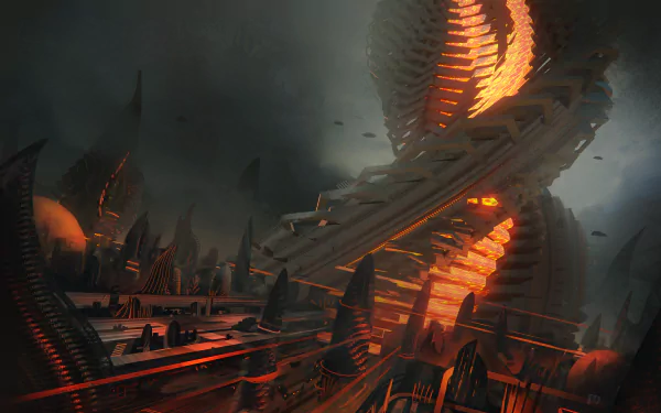 A striking sci-fi cityscape featuring towering structures and dynamic lighting, this HD desktop wallpaper immerses you in a futuristic world brimming with intrigue and wonder.