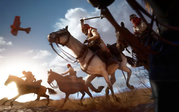 HD PC desktop wallpaper from the video game Battlefield 1, featuring cavalry soldiers charging on horseback under a dramatic sky with biplanes flying overhead.