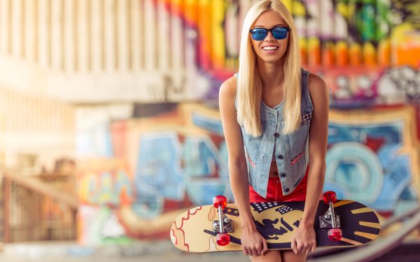 Women Model Sunglasses Skateboard Graffiti Smile Blonde HD Wallpaper | Background Image