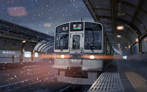 HD anime desktop wallpaper featuring a snowy train station scene from 5 Centimeters per Second, capturing a calm, atmospheric moment at dusk.