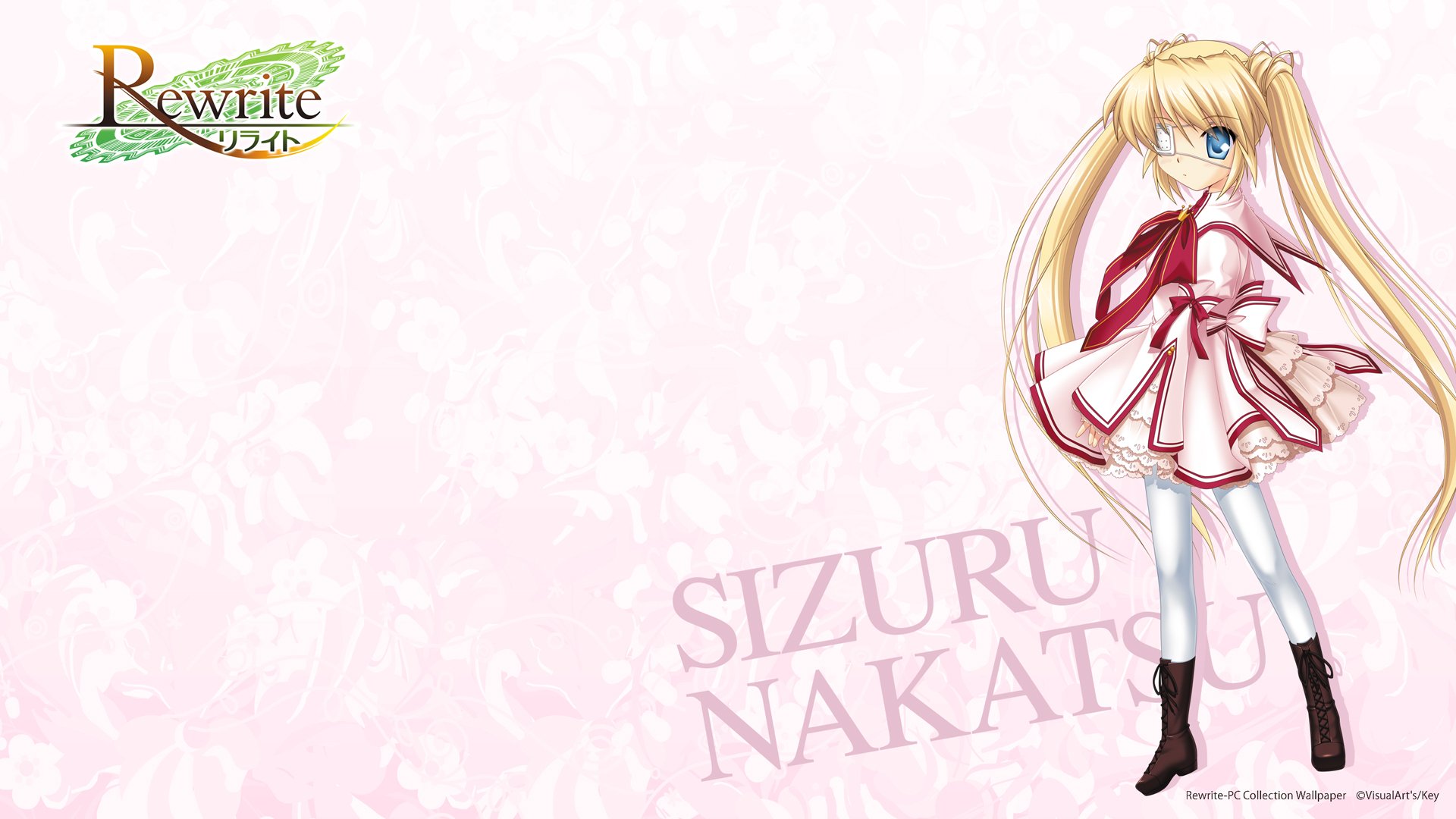 Anime HD PC desktop wallpaper/background from Rewrite: pastel pink floral backdrop with Sizuru Nakatsu on the right, long blonde hair, white-pink dress and blue eyes.