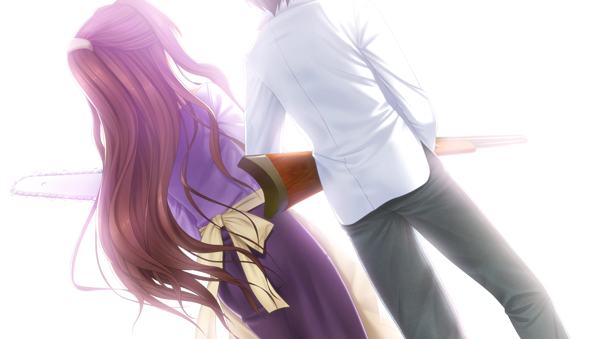 Anime Rewrite HD PC desktop wallpaper: backlit pair—long-haired purple-clad girl with bow and a white-jacketed young man standing side by side.