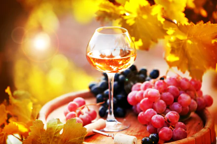 2K Quad HD PC desktop wallpaper: glass of amber wine with red and black grapes on a wooden board amid golden autumn leaves and warm bokeh.