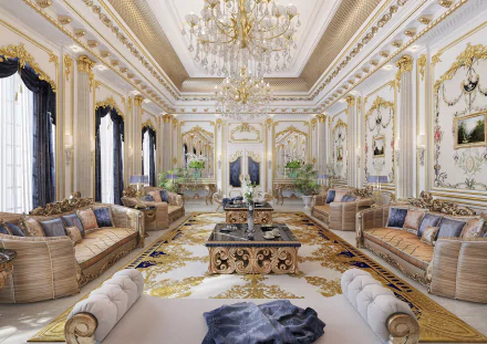 Luxurious living room featuring an ornate chandelier, elegant furniture, and a lavish design. The space is adorned with rich details, highlighting sophistication and grandeur.