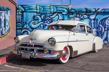 Vintage white 1949 Chevrolet Fleetline Deluxe lowrider parked in front of vibrant blue graffiti, captured in HD for a striking desktop wallpaper background.