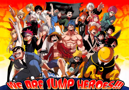 HD desktop wallpaper featuring a vibrant anime crossover with characters like Saiki Kusuo, Izuku Midoriya, Sōma Yukihira, Gon Freecss, Shōyō Hinata, Koro-sensei, Naruto Uzumaki, and others amidst a fiery background.
