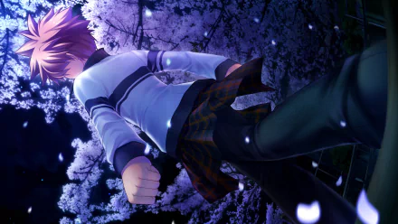 Anime Rewrite HD PC desktop wallpaper and background: low-angle view of a male character walking beneath moonlit cherry blossoms, petals drifting in a purple-blue night.