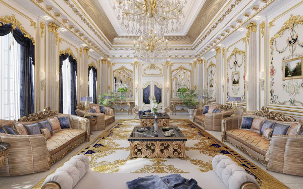 Luxurious living room featuring an ornate chandelier, elegant furniture, and a lavish design. The space is adorned with rich details, highlighting sophistication and grandeur.