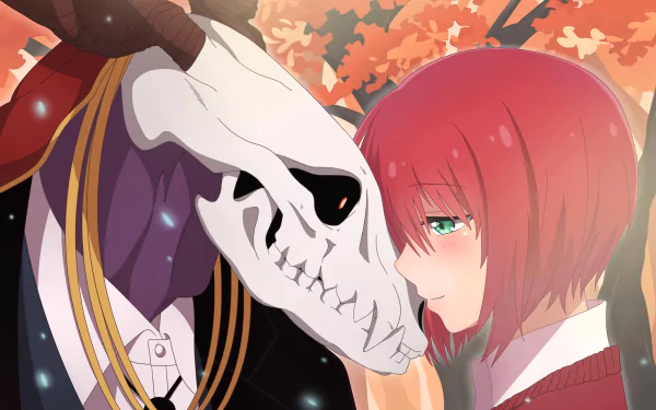 An HD desktop wallpaper featuring characters from The Ancient Magus' Bride, showcasing an intimate moment between a skeletal figure and a red-haired girl amid autumn foliage.
