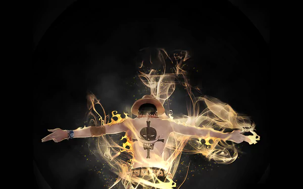HD wallpaper featuring Portgas D. Ace from the anime One Piece, showcasing a dynamic design with fiery elements and a striking black background.