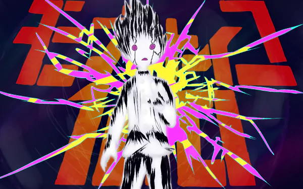 HD desktop wallpaper featuring Shigeo Kageyama from the anime Mob Psycho 100, with vibrant, dynamic colors and striking visual effects in the background.