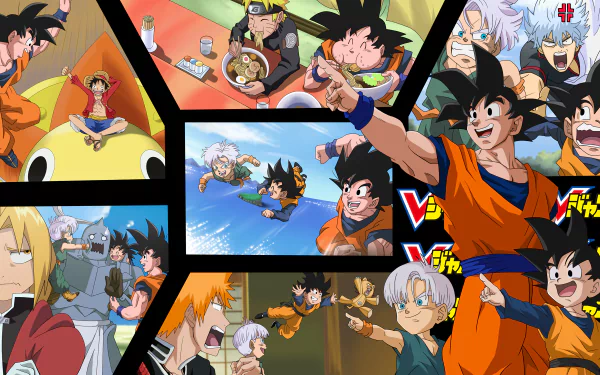 A vibrant HD wallpaper featuring anime characters Ichigo Kurosaki, Alphonse and Edward Elric, Gintoki Sakata, Goten, Trunks, Naruto Uzumaki, Goku, and Luffy in a fun crossover scene.