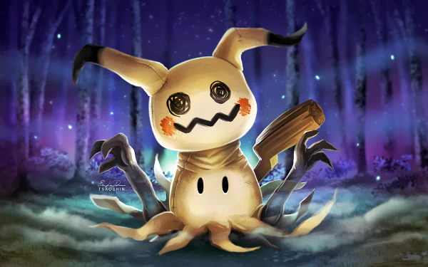 A vibrant HD desktop wallpaper featuring Mimikyu from Pokémon: Sun and Moon, set against a mystical forest background with a whimsical atmosphere.
