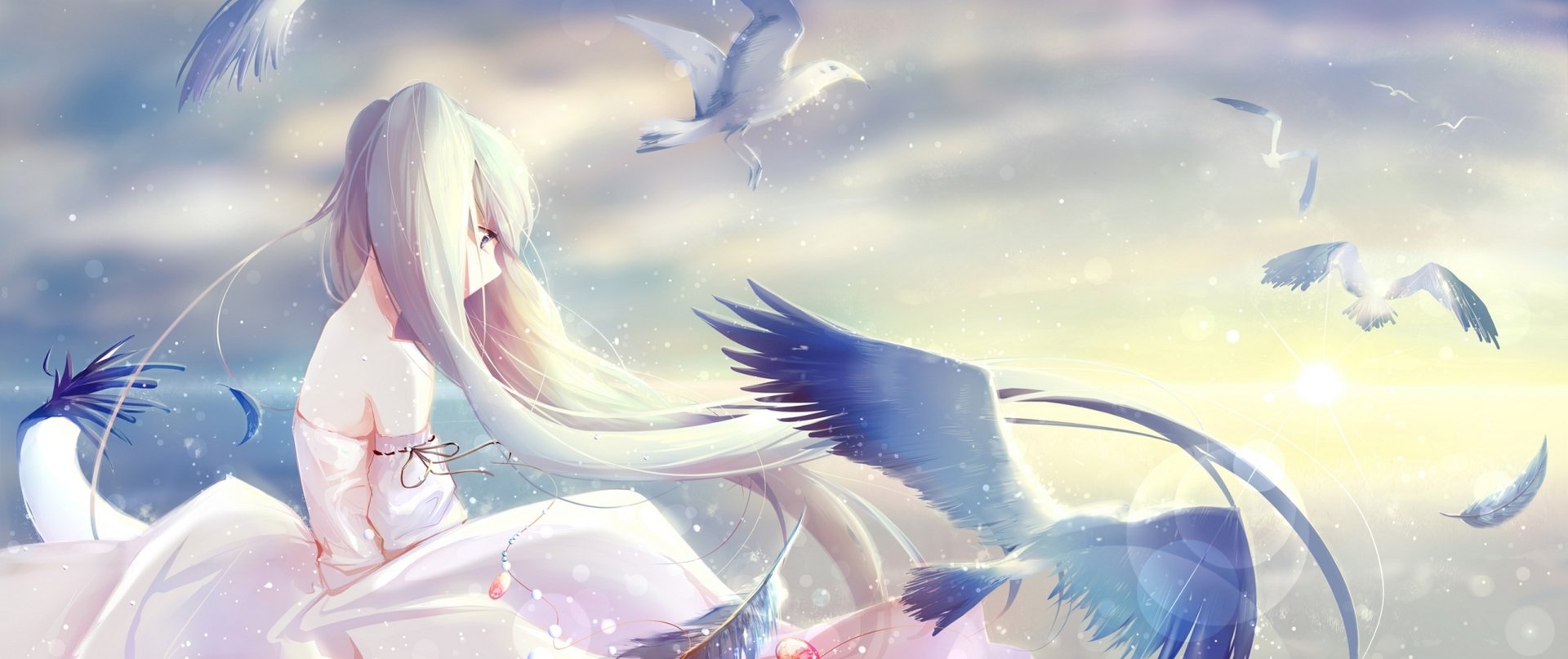 Anime-style HD desktop wallpaper featuring Hatsune Miku with long white hair in a flowing dress, surrounded by birds at a serene sunset.