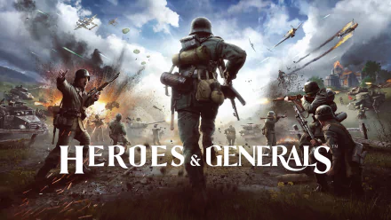 HD PC desktop wallpaper featuring intense battlefield action from the video game Heroes & Generals, with soldiers advancing amid explosions and aircraft overhead.