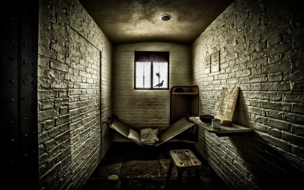 A somber prison cell featuring white brick walls, a small window casting light, a makeshift bed, and minimal furnishings, creating a stark atmosphere reflecting confinement and isolation.