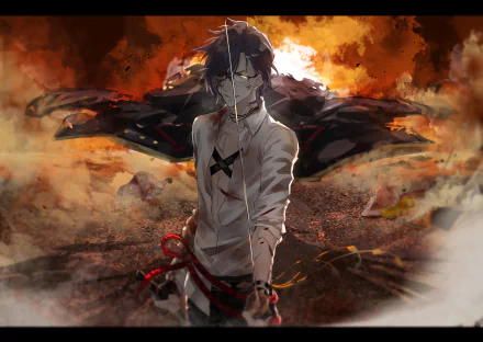 Anime-style HD desktop wallpaper featuring a Touken Ranbu character in a dramatic, fiery background with intense expression and detailed clothing.