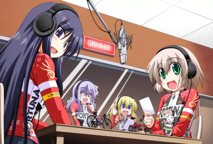 Long Riders! anime HD PC desktop wallpaper: four cheerful cyclists in matching jerseys and headsets crowded around a radio mic and ON AIR sign in a bright broadcast studio.