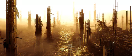 4K Ultra HD desktop wallpaper showcasing a dystopian cityscape from the video game Deus Ex: Mankind Divided, with towering industrial structures engulfed in golden light.