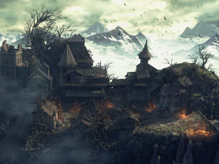A dark and atmospheric HD wallpaper inspired by Dark Souls III, featuring a mysterious village surrounded by mountains and eerie landscapes, enhancing the game’s haunting aesthetic.