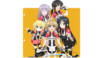Anime Long Riders! HD PC desktop wallpaper: five cheerful cycling girls in Fortuna jerseys posing with a bicycle against a yellow background.