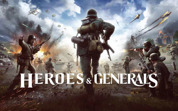 HD PC desktop wallpaper featuring intense battlefield action from the video game Heroes & Generals, with soldiers advancing amid explosions and aircraft overhead.