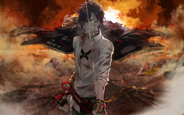 Anime-style HD desktop wallpaper featuring a Touken Ranbu character in a dramatic, fiery background with intense expression and detailed clothing.