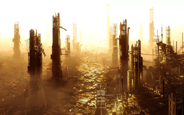 4K Ultra HD desktop wallpaper showcasing a dystopian cityscape from the video game Deus Ex: Mankind Divided, with towering industrial structures engulfed in golden light.