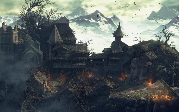 A dark and atmospheric HD wallpaper inspired by Dark Souls III, featuring a mysterious village surrounded by mountains and eerie landscapes, enhancing the game’s haunting aesthetic.