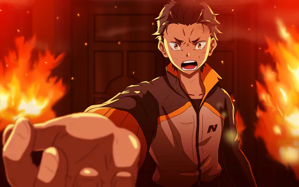 A dynamic HD wallpaper featuring Subaru Natsuki from *Re:Zero - Starting Life in Another World*, showcasing an intense moment with flames in the background.