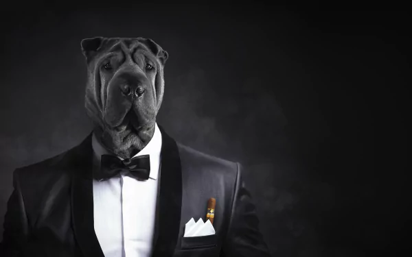 A humorous 4K Ultra HD desktop wallpaper featuring a dog wearing a black suit, bow tie, and muzzle against a dark, smoky background.