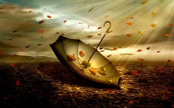 An artistic HD wallpaper featuring an open umbrella surrounded by swirling fall leaves, illuminated by soft rays of light against a dramatic sky.