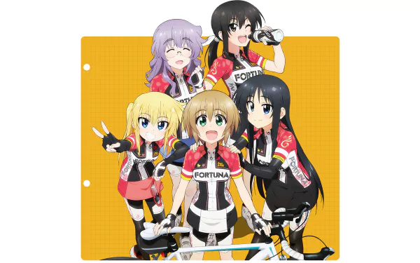 Anime Long Riders! HD PC desktop wallpaper: five cheerful cycling girls in Fortuna jerseys posing with a bicycle against a yellow background.