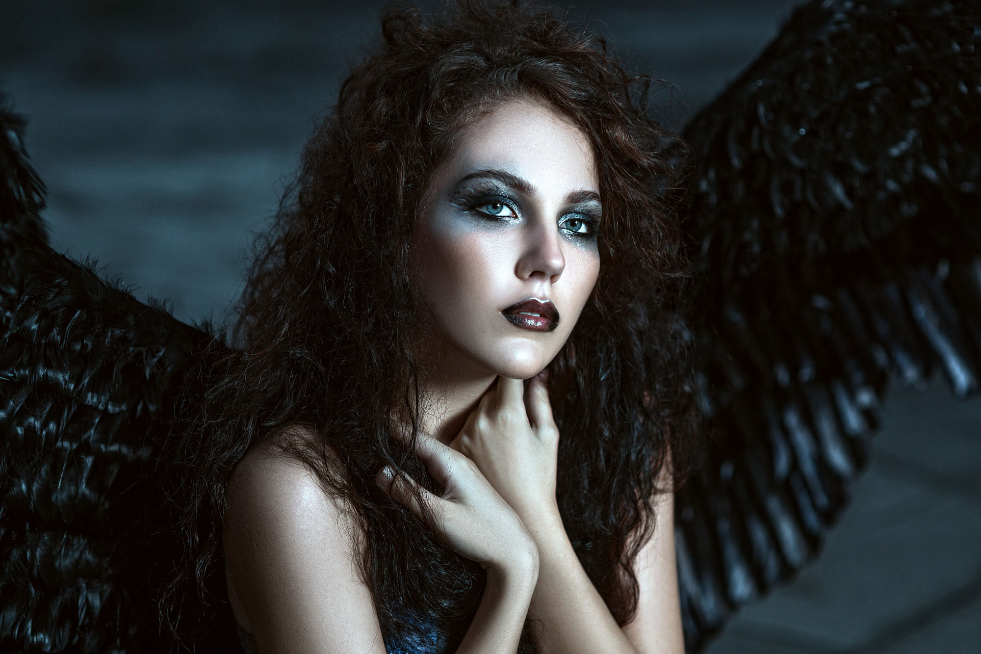 Download Lipstick Blue Eyes Wings Brunette Fantasy Angel HD Wallpaper