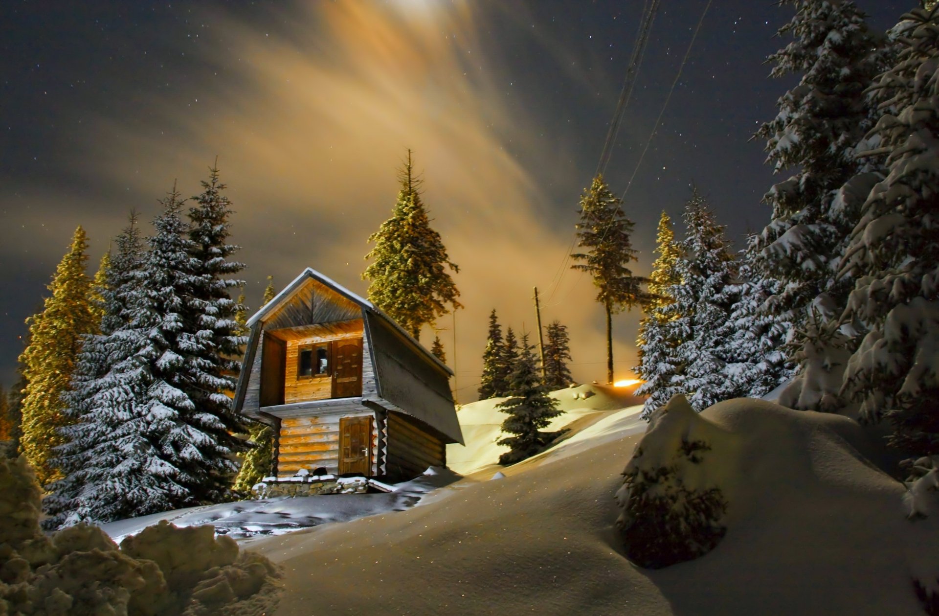 Download Night Tree Winter Snow House Man Made Cabin HD Wallpaper