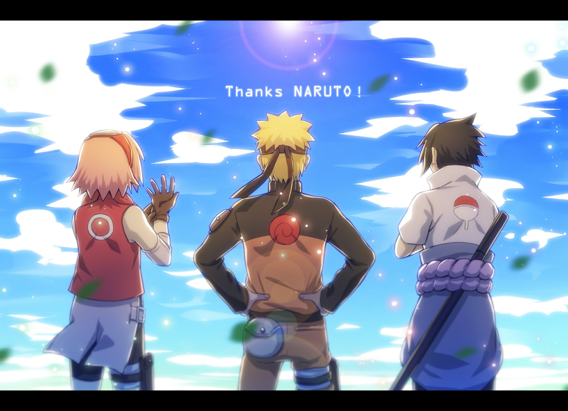 A vibrant HD wallpaper featuring Sasuke Uchiha, Sakura Haruno, and Naruto Uzumaki, standing together against a beautifully illustrated sky with the text Thanks NARUTO! above them.