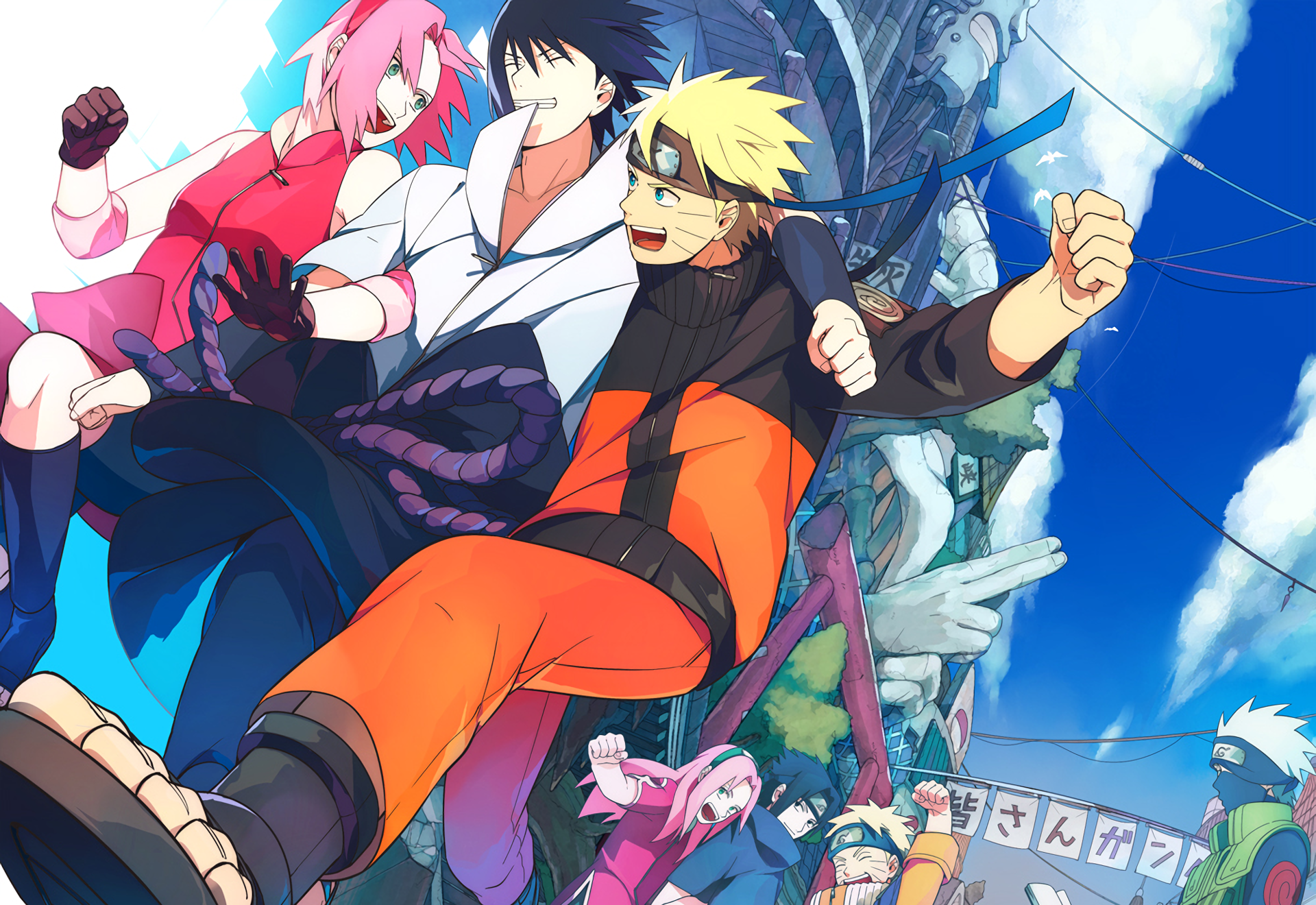 HD desktop wallpaper featuring Naruto Uzumaki, Sasuke Uchiha, Sakura Haruno, and Kakashi Hatake from the anime Naruto, celebrating their friendship in a vibrant scene.