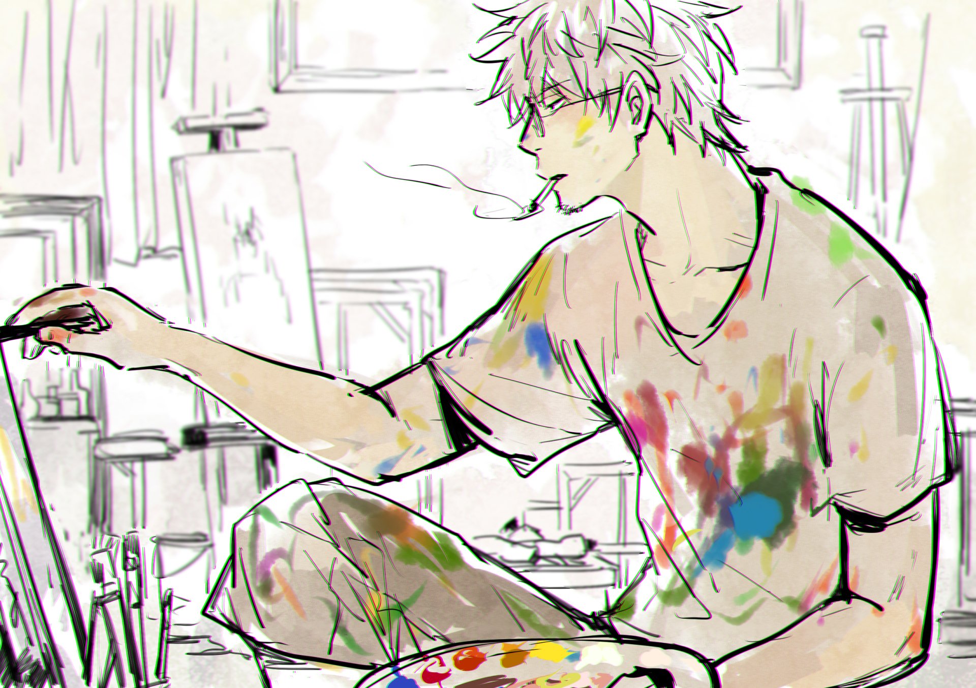 A young artist with messy, paint-splattered clothes focuses intently on his canvas, surrounded by an artistic studio. Gintama-inspired HD anime desktop wallpaper.