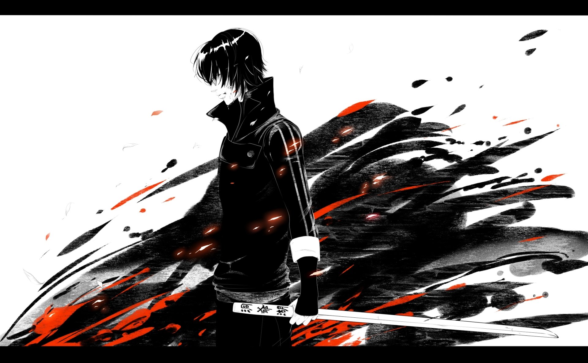 A dynamic HD wallpaper featuring a character from the anime Gintama, set against a striking black and white background with splashes of vibrant color.