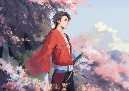 Anime-style HD PC desktop wallpaper featuring a Touken Ranbu character in traditional attire amidst blooming cherry blossoms under a clear sky.