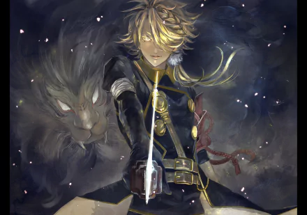 HD PC desktop wallpaper featuring an anime-style character from Touken Ranbu, holding a sword with a glowing tip and a fierce lion spirit in the dark background.
